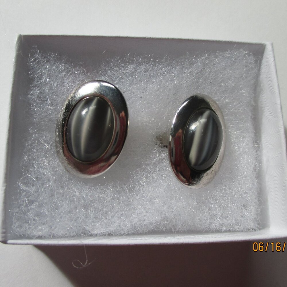 Vintage Tiger Eye-Silver Tone-Cuff Links.